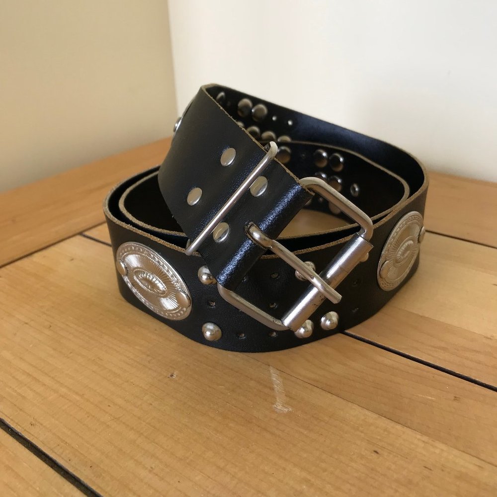 Black Western Studded Leather Belt with Silver Conchos